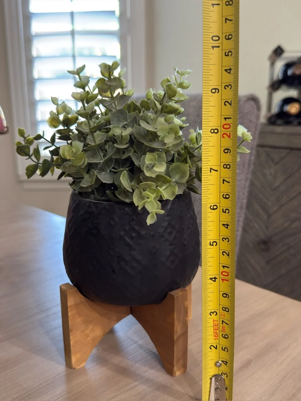 Black Textured Ceramic Planter with Wooden Stand -